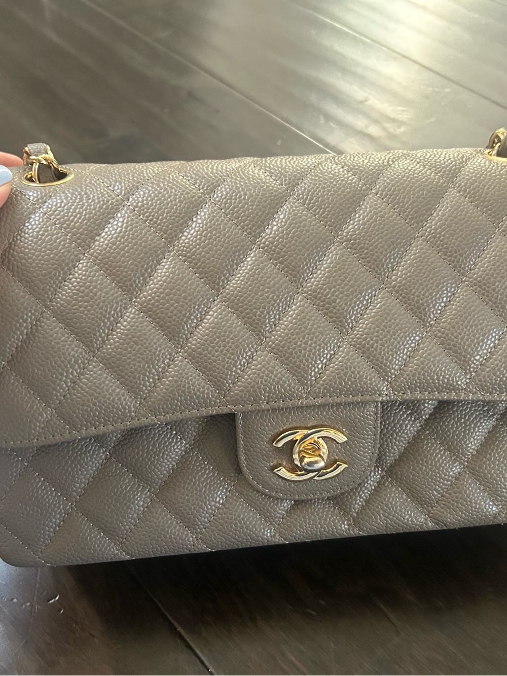 Quilted Shoulder Bag in Gray with Gold Hardware